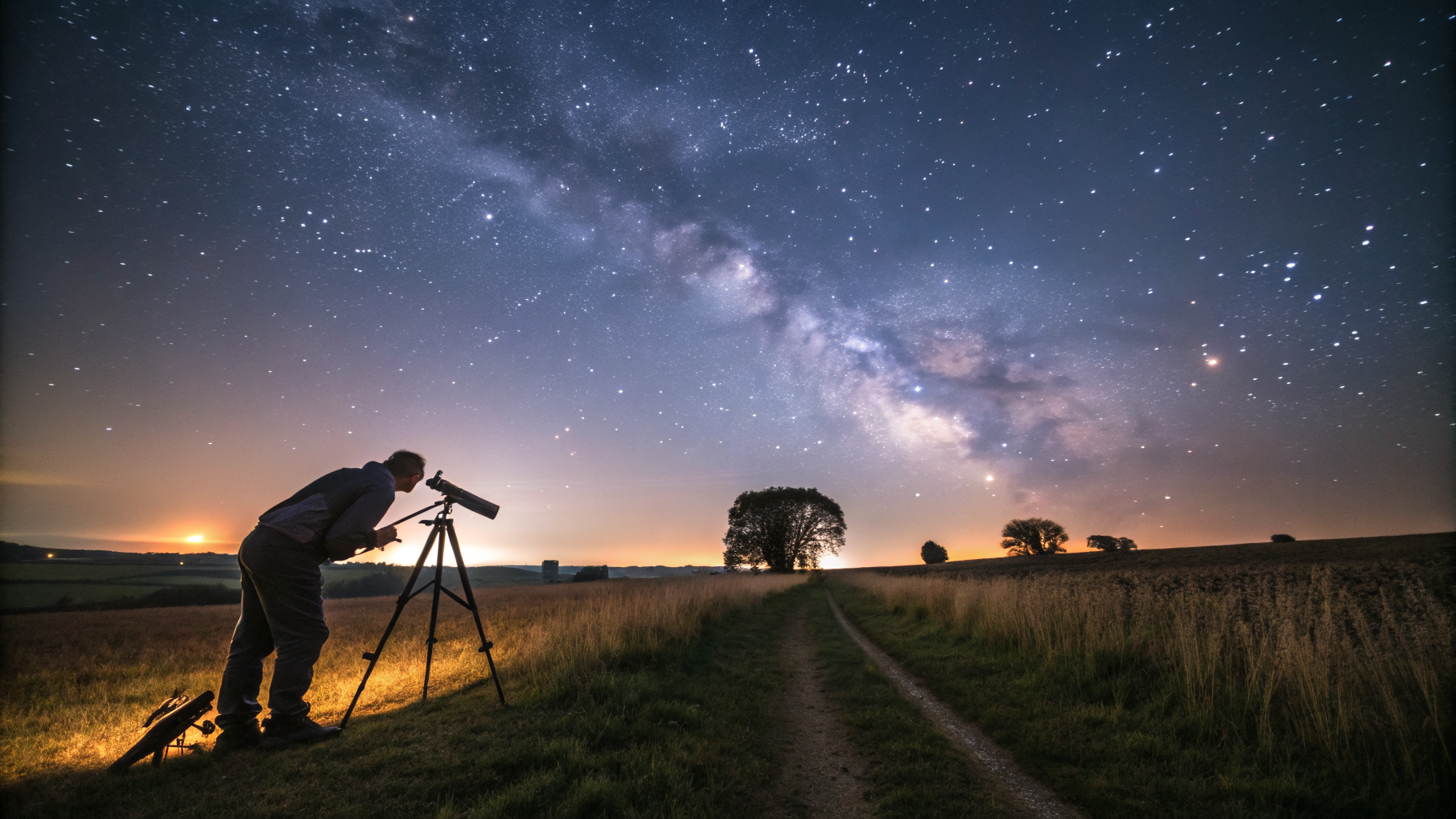 A stargazer under a dark UK night sky beside a small telescope